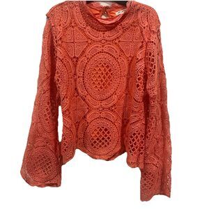 Ultra Pink Women's Boho Crochet Top Fairy Bell Sleeve High Neck Coral Size L
